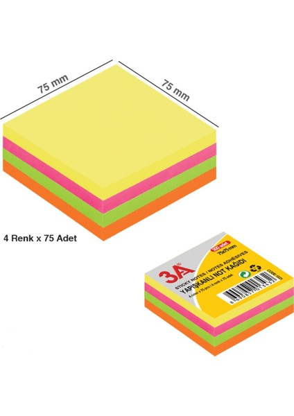 Yapışkanlı Not Kağıdı Küp 75X75 mm 4 Renk x 75 Adet