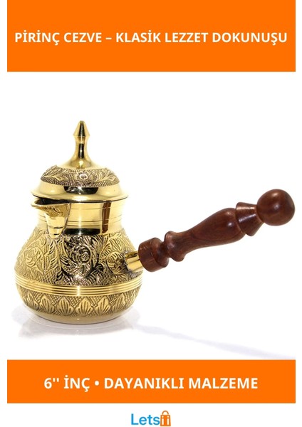 Klasik Pirinç Cezve 6 Inç Ahşap Saplı Kahve Pişirme