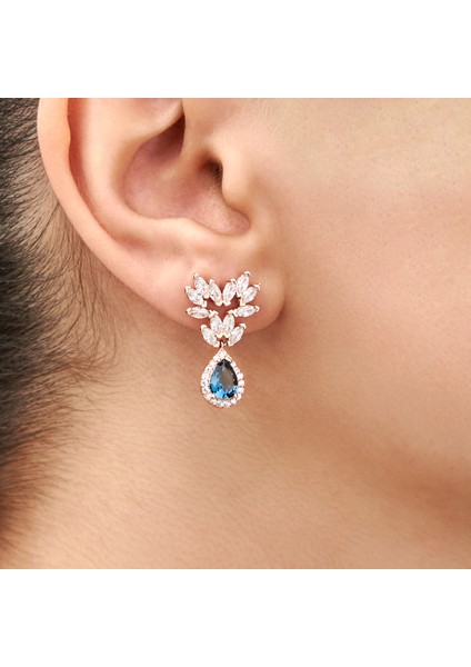 925 Ayar Rose Kaplama Damla Safir Taşlı Gümüş Küpe