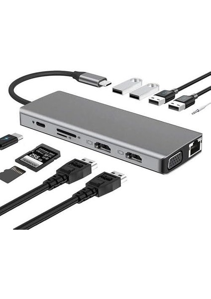 12IN1 Dock Station 2 Adet HDMI Uyumlu 1000 Mbps 4K USB C Adaptörü USB 3.0 VGA RJ45 Pd Için Macbook Pro Tipi C Docking Dizüstü Yer Yapma Istasyonları Type-C Adaptör ZR610