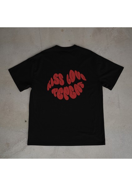 Lips Tasarım Baskılı Siyah Oversize T-Shirt