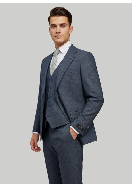 Mavi Dokulu Modern Fit Üçlü Takım Elbise