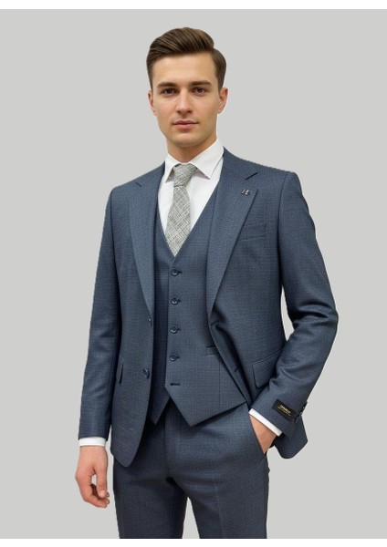 Mavi Dokulu Modern Fit Üçlü Takım Elbise fiyatları