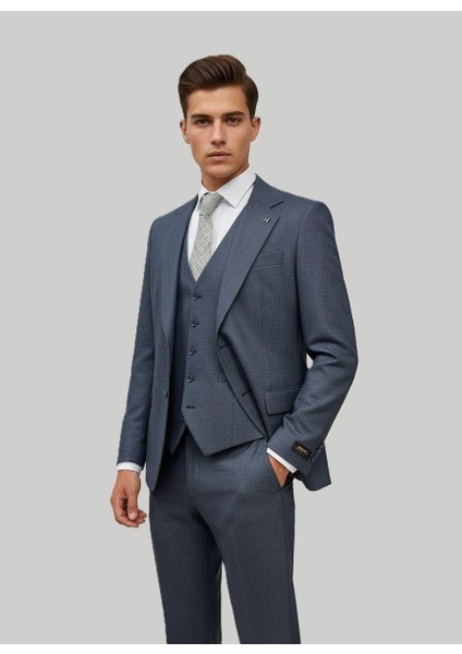 Mavi Dokulu Modern Fit Üçlü Takım Elbise modelleri