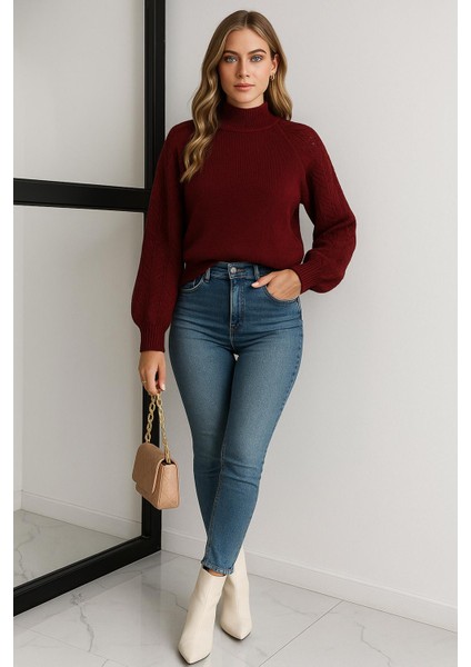 Bisiklet Yaka Ajurlu Kazak Bordo