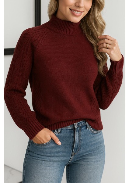 Bisiklet Yaka Ajurlu Kazak Bordo fırsatları