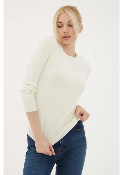 Esnek Bisiklet Yaka Kazak Ekru fırsatları