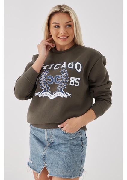 Bisiklet Yaka Baskılı Sweat Haki