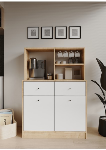 Lonex Kahve Köşesi Çekmeceli Kapaklı Çok Amaçlı Mutfak Dolabı Safirmeşe-Beyaz