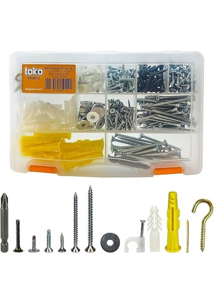 Hobi-2 502 Parça 14 Çeşit, Pul, Çivi, Piton, Kroşe, Vida ve Dübel Seti, Takım Çantalı