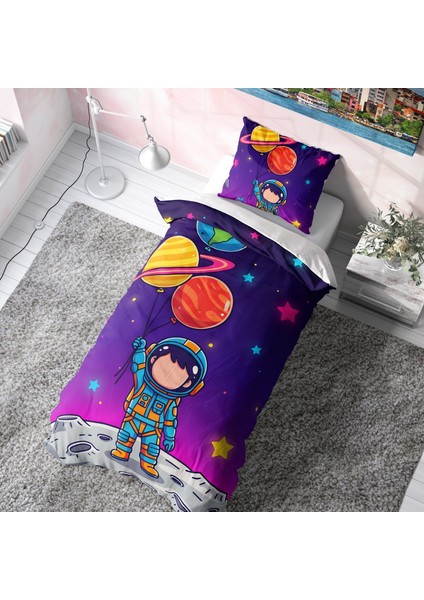 Gezegen Balonlu Astronot Desenli Çocuk Nevresim Takımı (Çarşafsız)