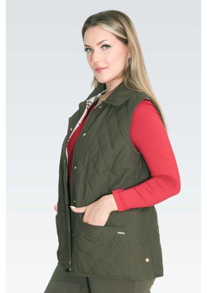 Tolga Saraçoğlu Kadın Ekose Astar Detaylı Hafif Elyaf Kapitone Yelek 70043 Haki modelleri