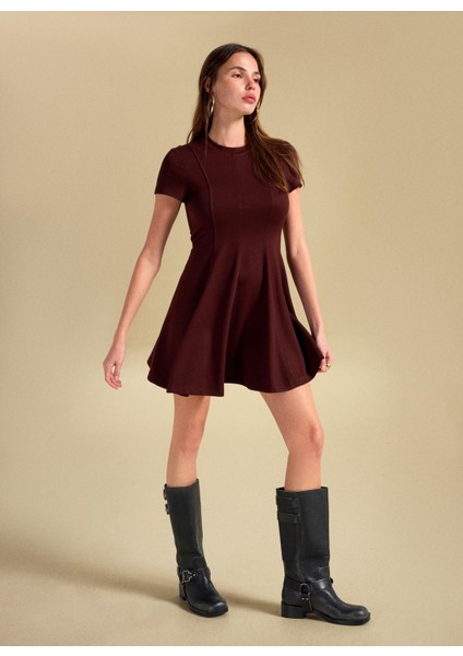 Yuvarlak Yaka Düz Kahve Mini Kadın Elbise PBF5WL-ELB0117 fiyatları