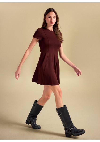 Yuvarlak Yaka Düz Kahve Mini Kadın Elbise PBF5WL-ELB0117 modelleri