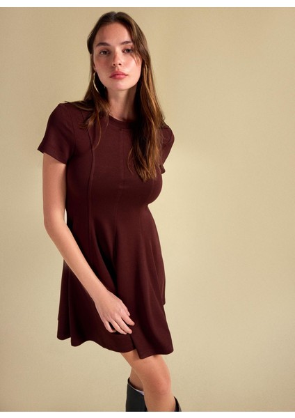 Yuvarlak Yaka Düz Kahve Mini Kadın Elbise PBF5WL-ELB0117