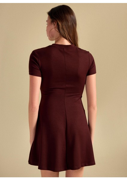 Yuvarlak Yaka Düz Kahve Mini Kadın Elbise PBF5WL-ELB0117