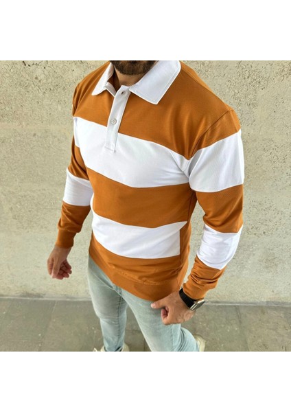 Erkek Polo Yaka Uzun Kollu Çizgili Sweatshirt Trend Rugby Stil - Turuncu fırsatları