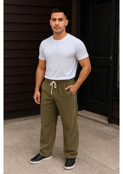 Erkek Fitilli Kadife Cepli Buggy Pantolon Oversize Rahat Kalıp - Haki