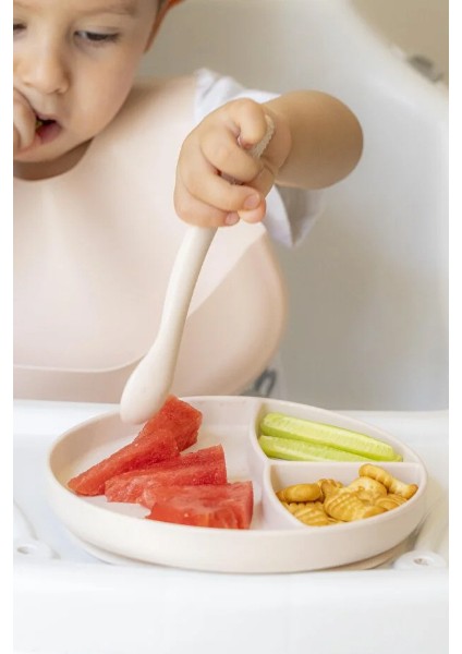 Vakumlu Tabak-Diş Kaşıyıcılı Kaşık ve Önlük 3 'lü Silikon Yemek Seti Krem Rengi fiyatları