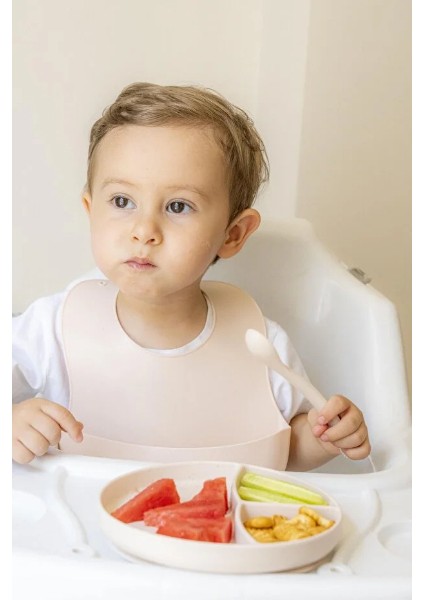 Vakumlu Tabak-Diş Kaşıyıcılı Kaşık ve Önlük 3 'lü Silikon Yemek Seti Krem Rengi fırsatları