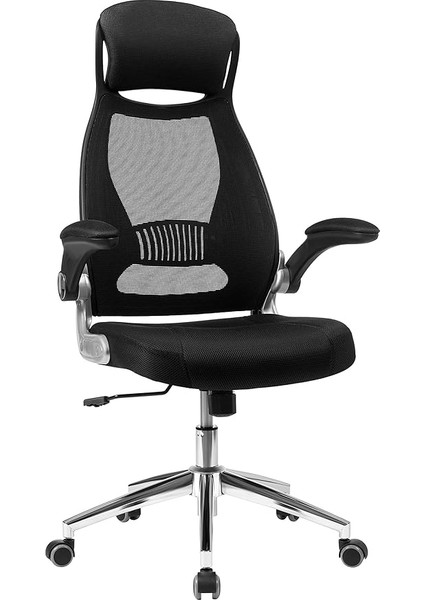 Ofis Koltuğu, Döner Sandalye, Yönetici Koltuğu, Başlıklı Ofis Döner Koltuğu, Katlanabilir Kolçaklar, Sallanma Fonksiyonu, Siyah OBN86BK, 64 x 54 x (113-123) cm