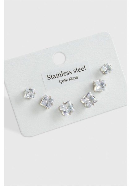6 Adet Kare Zirkon Tek Taşlı Çelik Küpe ( Küçük Kare )