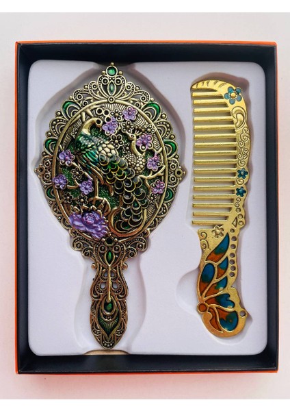 Ayna Tarak Seti, Kutulu-Metal-Hediyelik Takım, 13CM Aynalı Saç Fırçası, Tavuskuşu Figürlü