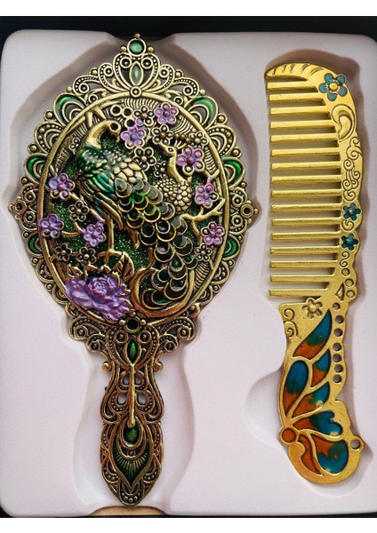Ayna Tarak Seti, Kutulu-Metal-Hediyelik Takım, 13CM Aynalı Saç Fırçası, Tavuskuşu Figürlü fiyatları
