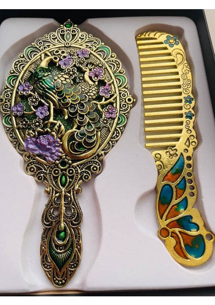 Ayna Tarak Seti, Kutulu-Metal-Hediyelik Takım, 13CM Aynalı Saç Fırçası, Tavuskuşu Figürlü modelleri