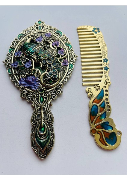 Ayna Tarak Seti, Kutulu-Metal-Hediyelik Takım, 13CM Aynalı Saç Fırçası, Tavuskuşu Figürlü fırsatları