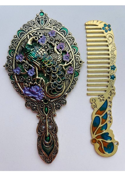 Ayna Tarak Seti, Kutulu-Metal-Hediyelik Takım, 13CM Aynalı Saç Fırçası, Tavuskuşu Figürlü indirimleri