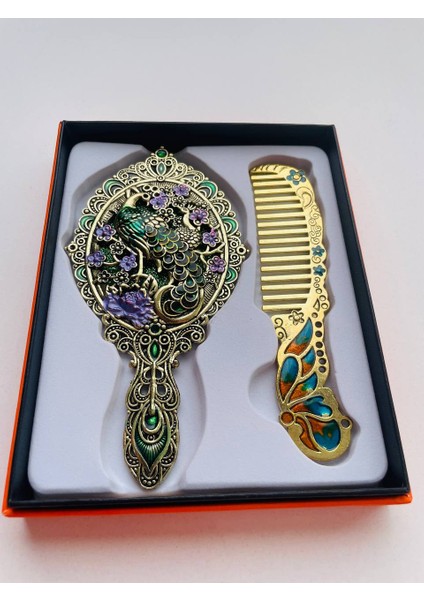 Ayna Tarak Seti, Kutulu-Metal-Hediyelik Takım, 13CM Aynalı Saç Fırçası, Tavuskuşu Figürlü