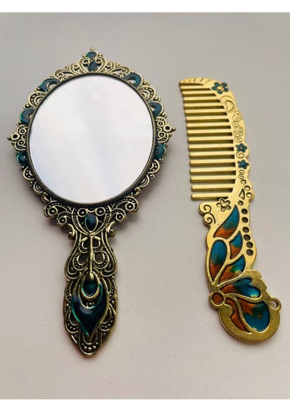 Ayna Tarak Seti, Kutulu-Metal-Hediyelik Takım, 13CM Aynalı Saç Fırçası, Tavuskuşu Figürlü