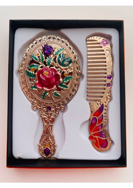 Ayna Tarak Seti, Kutulu-Metal-Hediyelik Takım, 13CM Aynalı Saç Fırçası, Tavuskuşu Figürlü