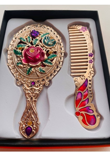 Ayna Tarak Seti, Kutulu-Metal-Hediyelik Takım, 13CM Aynalı Saç Fırçası, Tavuskuşu Figürlü modelleri