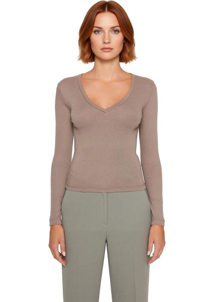 Kadın V Yaka Uzun Kollu Esnek Örme Üst Günlük Kullanım Için Ideal Kaliteli Şık Rahat Modern modelleri