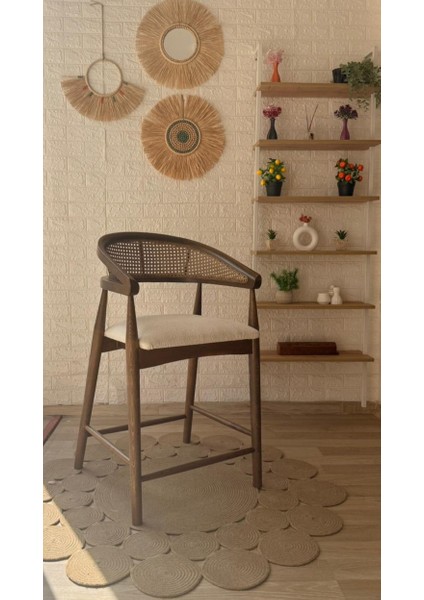 Concept Gazel Bar Sandalyesi Teddy Krem Kumaş Hasırlı Ceviz Ahşap Ada Sandalye