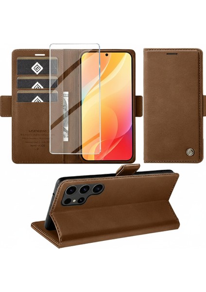 Samsung Galaxy S25 Ultra Uyumlu Ekran Koruyuculu Kılıf Kapaklı Kartlıklı Deri Görünümlü Standlı Kapak