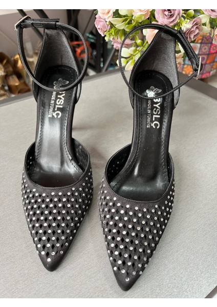 Taşlı Topuk Siyah Saten Kapalı Topuk Taşlı Abiye Ayakkabı fiyatları
