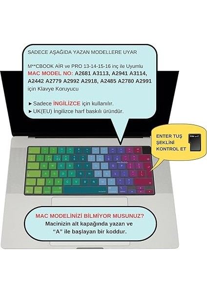 Macbook M1-M2-M3 Air Pro Klavye Koruyucu (Uk-Eu Ingilizce) Touchıd'li A2681 A3113 A2941 A3114 A2442 A2779 A2992 A2918 A2485 A2780 A2991 ile Uyumlu Dazzle Pembe Yeşil fiyatları
