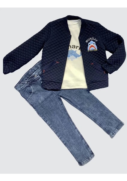 Litaetrend 4-5-6 Yaş Kot Pantolonlu Pilot Mont Uzun Kollu Penye Sweat 3lü Erkek Çocuk Takımı Lacivert