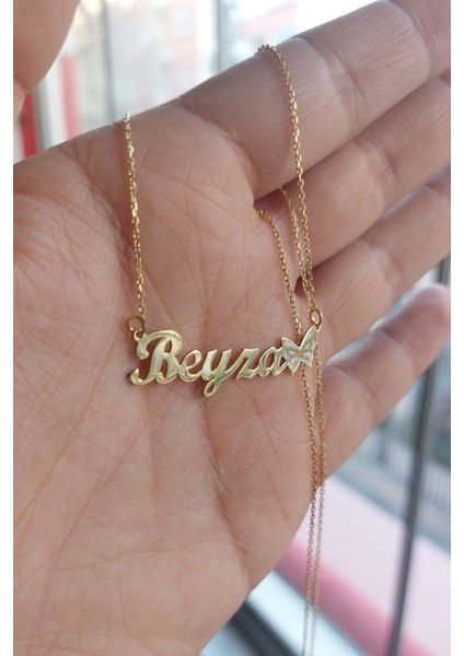 925 Ayar Gümüş 24 Ayar Altın Kaplama Kelebek Figürlü Isimli Kolye