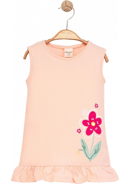 Kız Çocuk Kolsuz Pamuklu Somon Renk Çiçek Desenli Fırfırlı Etek Ucu Elbise