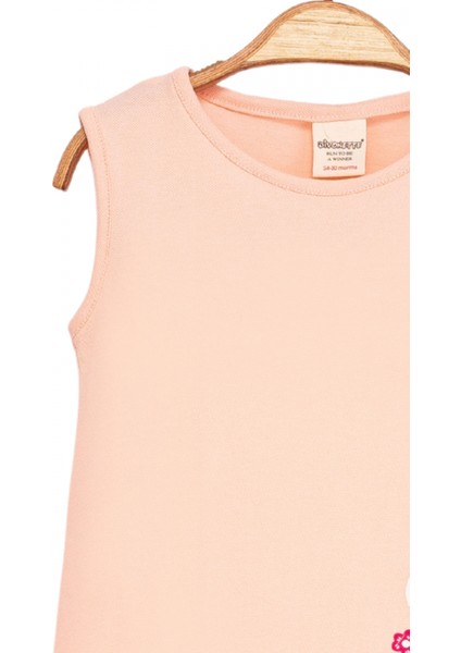 Kız Çocuk Kolsuz Pamuklu Somon Renk Çiçek Desenli Fırfırlı Etek Ucu Elbise modelleri