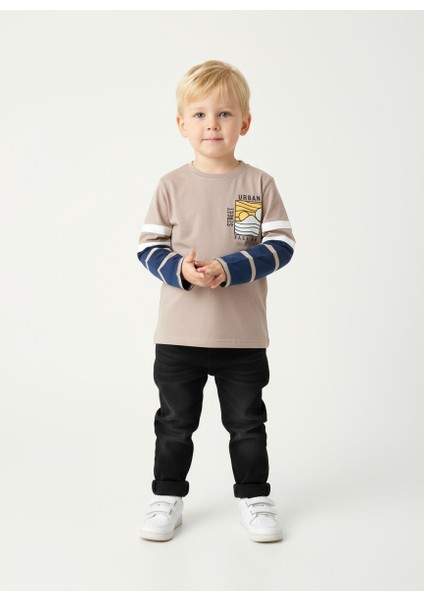 Yazı Baskılı Çift Renk Erkek Çocuk Sweatshirt