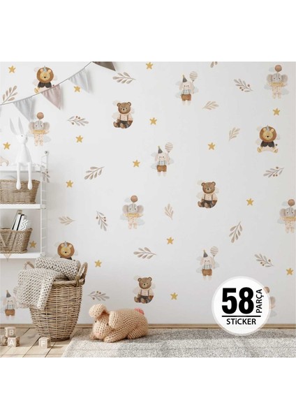 Sevimli Hayvanlar ve Çiçekler Sticker Seti, Çocuk Odası Duvar Sticker Seti, Çocuk Odası Duvar Dekoru