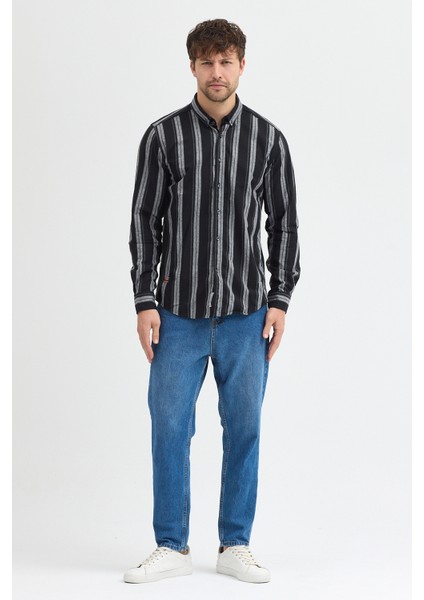 Melanj Çizgili Regular Fit Uzun Kollu Erkek Gömlek Düğmeli Yaka