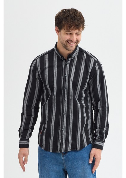 Melanj Çizgili Regular Fit Uzun Kollu Erkek Gömlek Düğmeli Yaka fiyatları