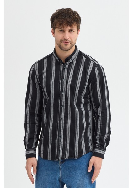 Melanj Çizgili Regular Fit Uzun Kollu Erkek Gömlek Düğmeli Yaka modelleri