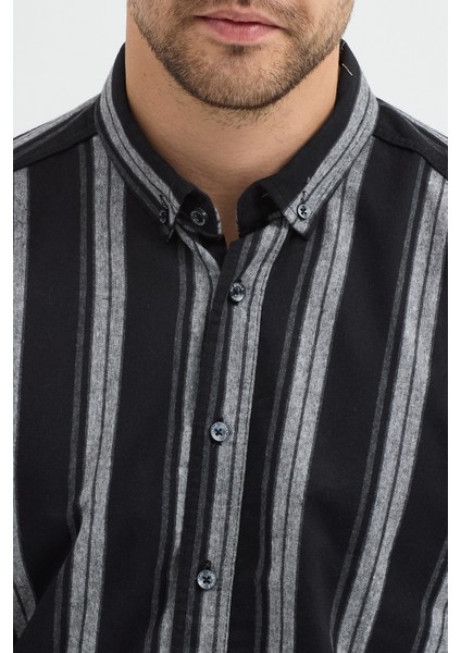 Melanj Çizgili Regular Fit Uzun Kollu Erkek Gömlek Düğmeli Yaka fırsatları